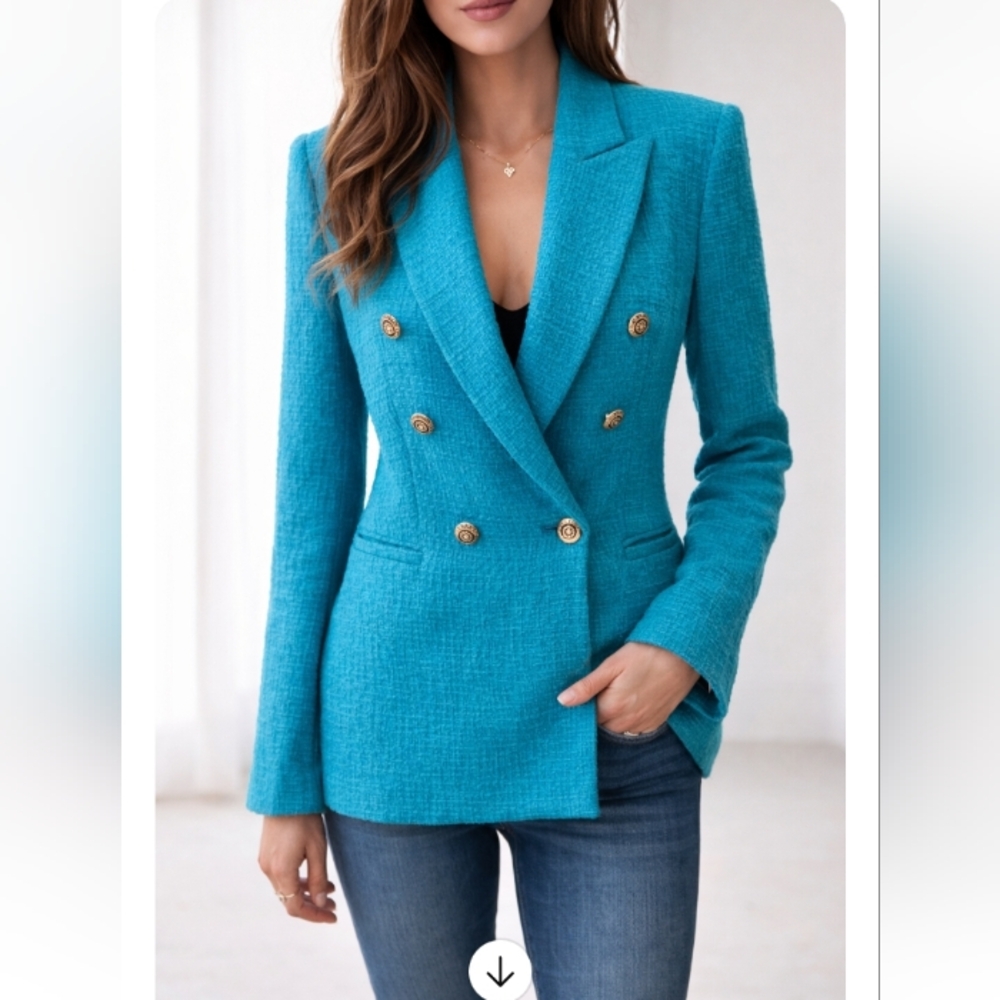 Zara Bright Turquoise Double-Breasted Tweed Blazer